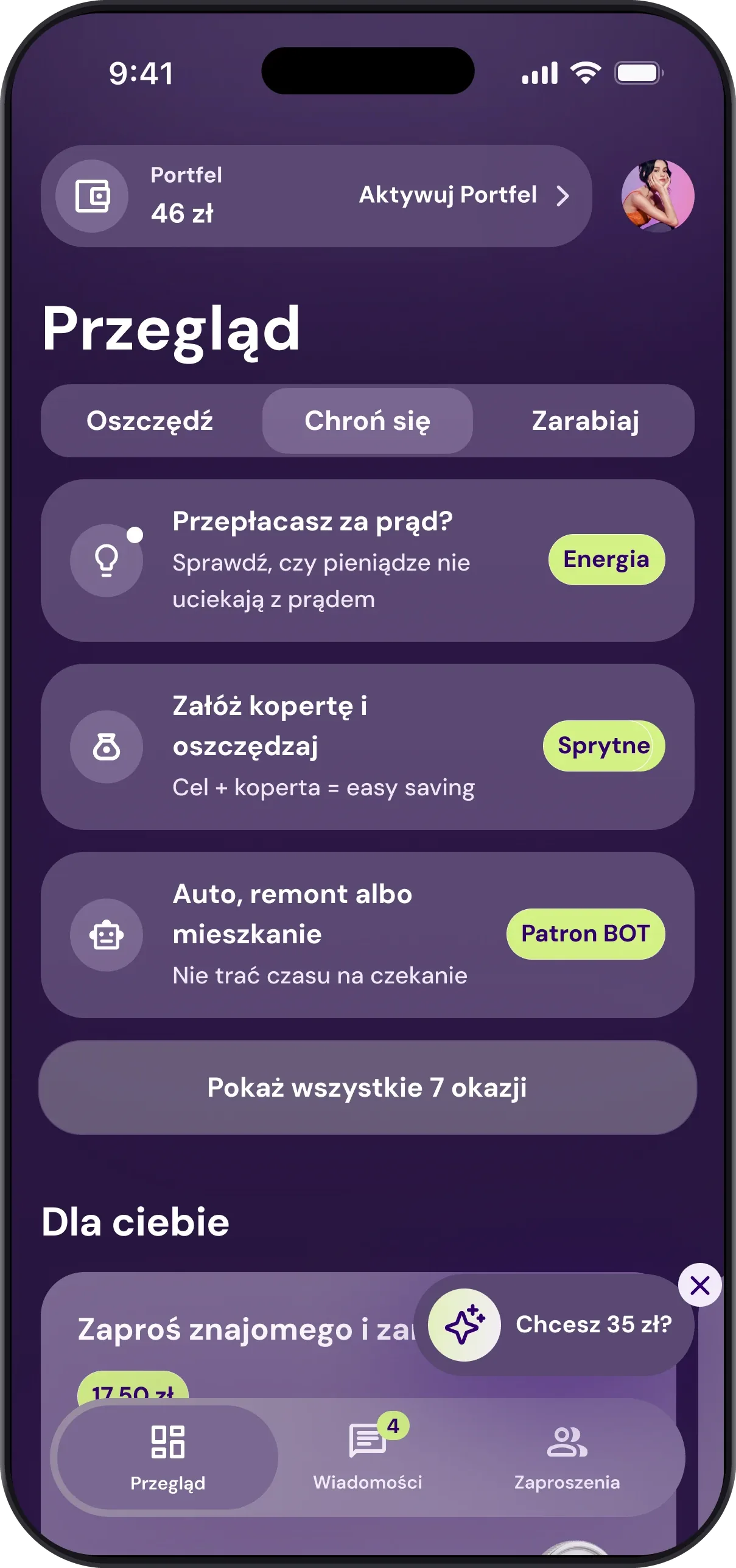 Ekran główny aplikacji Patron GO: Portfel, trzy znalezione wyzwania oszczędnościowe i link do wszystkich siedmiu