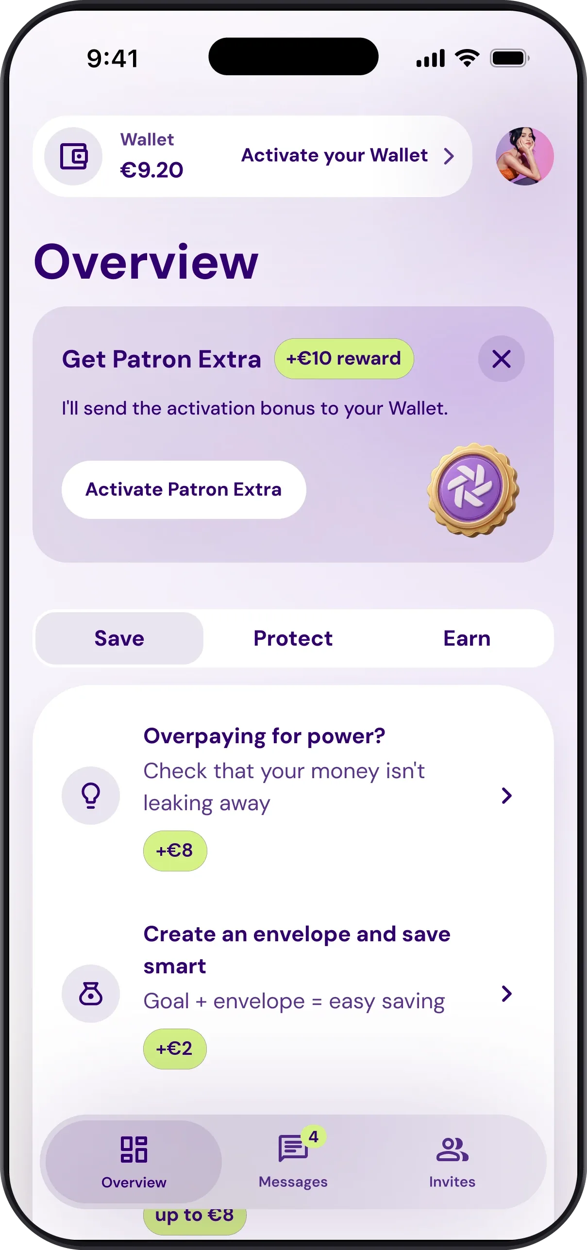 Patron EXTRA screen with an overview of the benefits