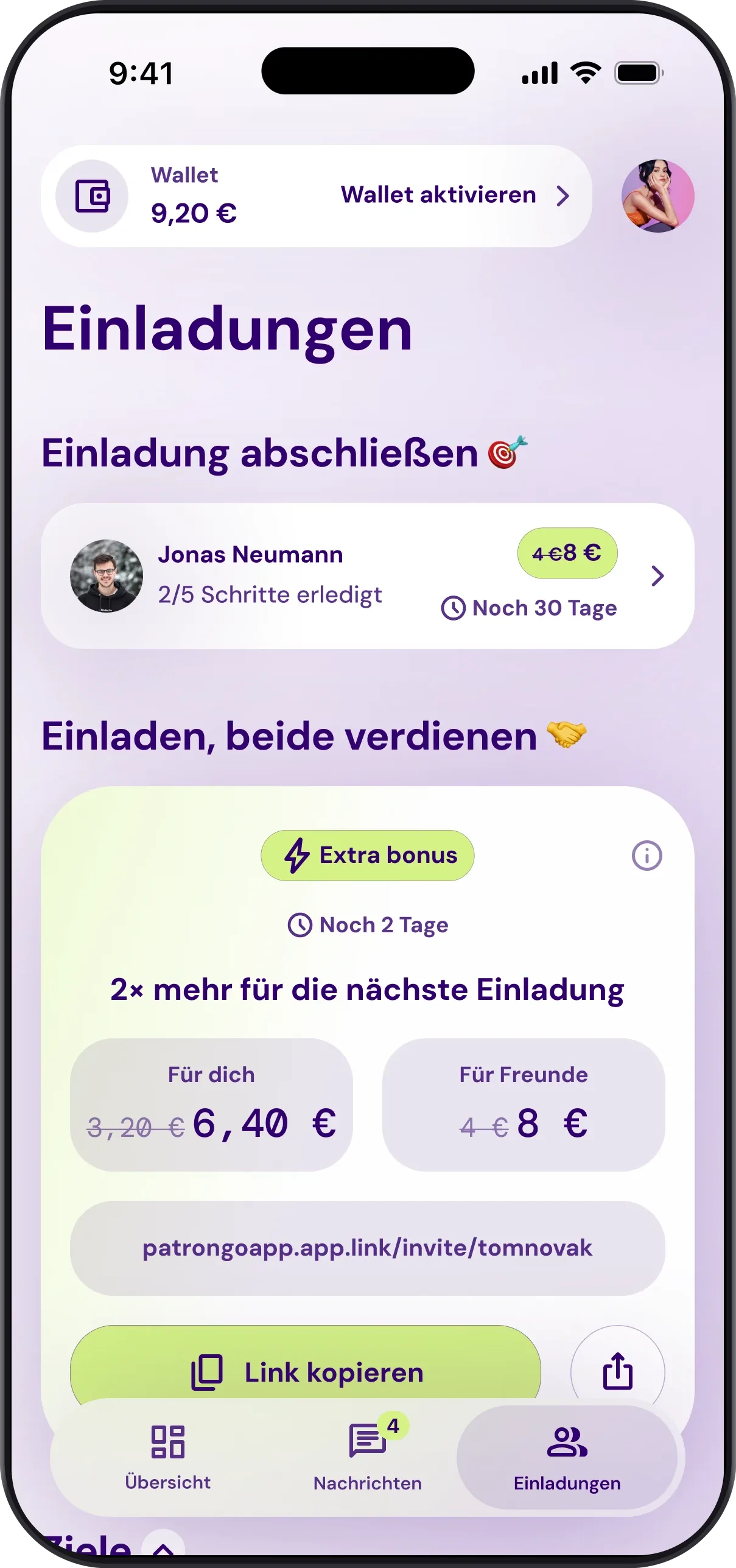 Bildschirm Einladungen in Patron GO: offene Einladungen, Bonus für die nächste Einladung und dein Link zum Kopieren
