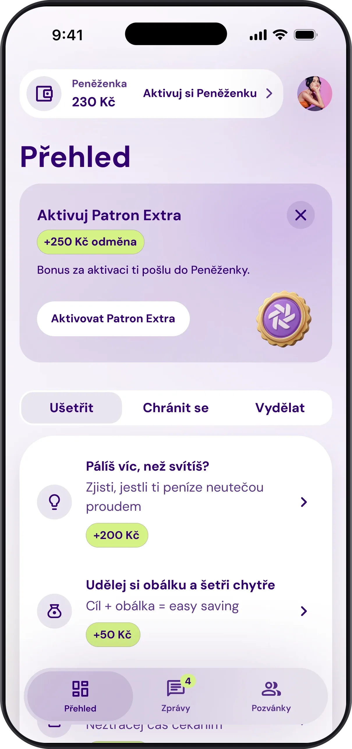 Obrazovka Patron EXTRA s přehledem výhod