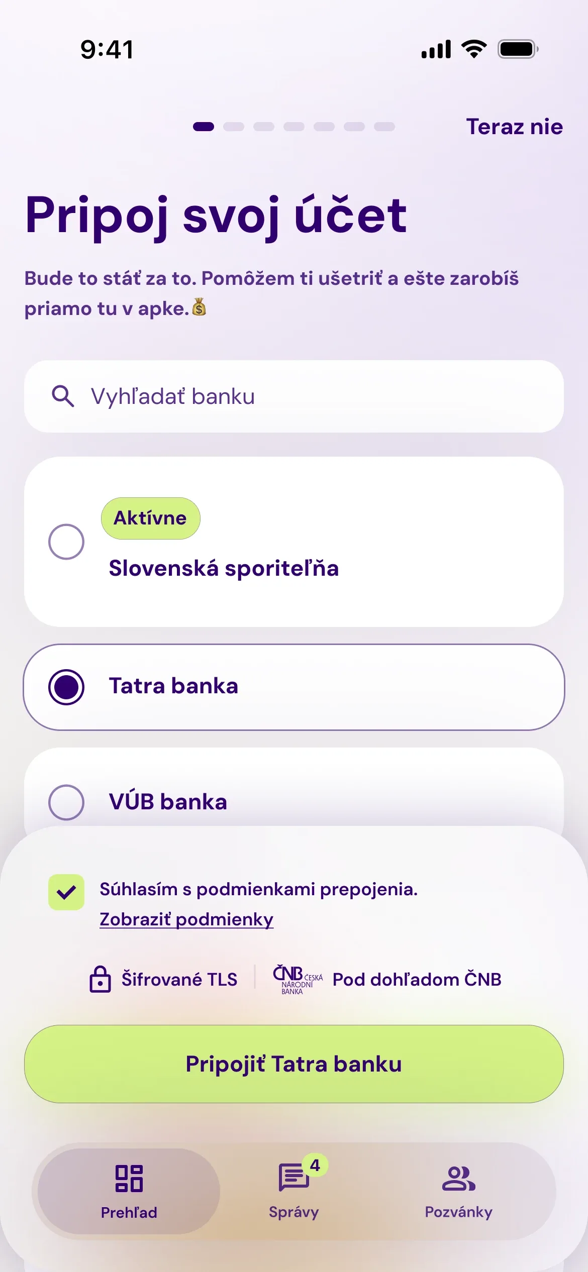 Obrazovka Pripoj svoj účet v aplikácii Patron GO: výber banky zo zoznamu