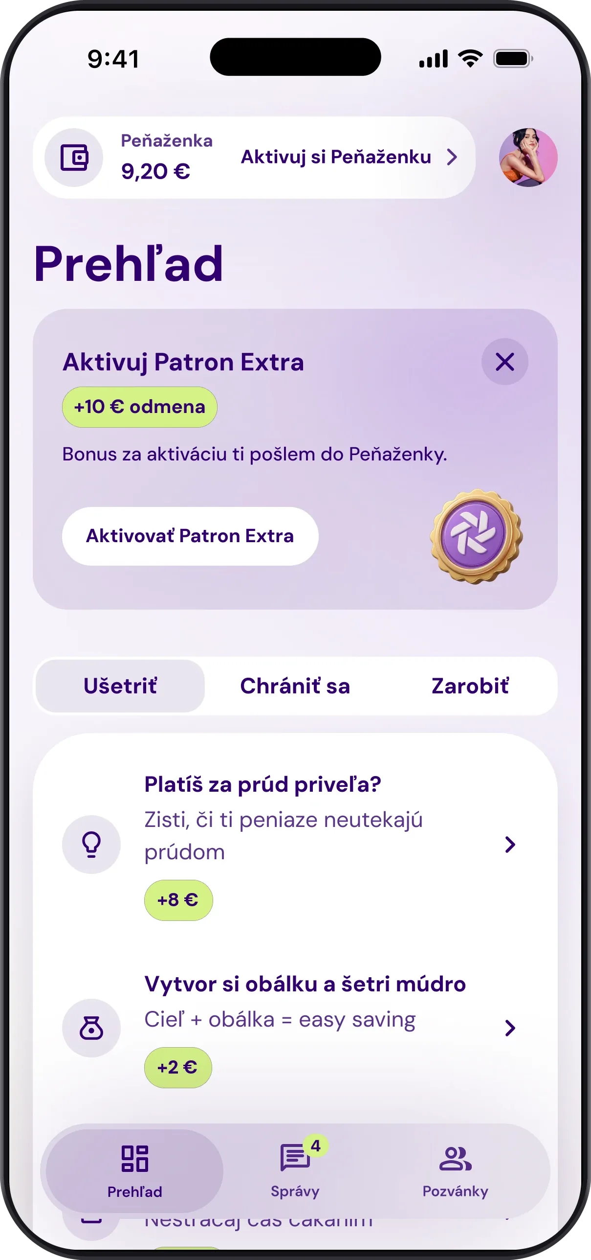 Obrazovka Patron EXTRA s prehľadom výhod