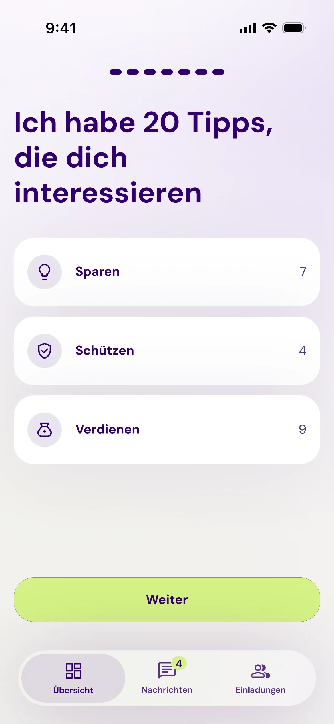 Bildschirm in der Patron GO App: Ich habe 20 Tipps für dich, wie du besser mit Geld umgehst, aufgeteilt in Sparen, Schützen und Verdienen