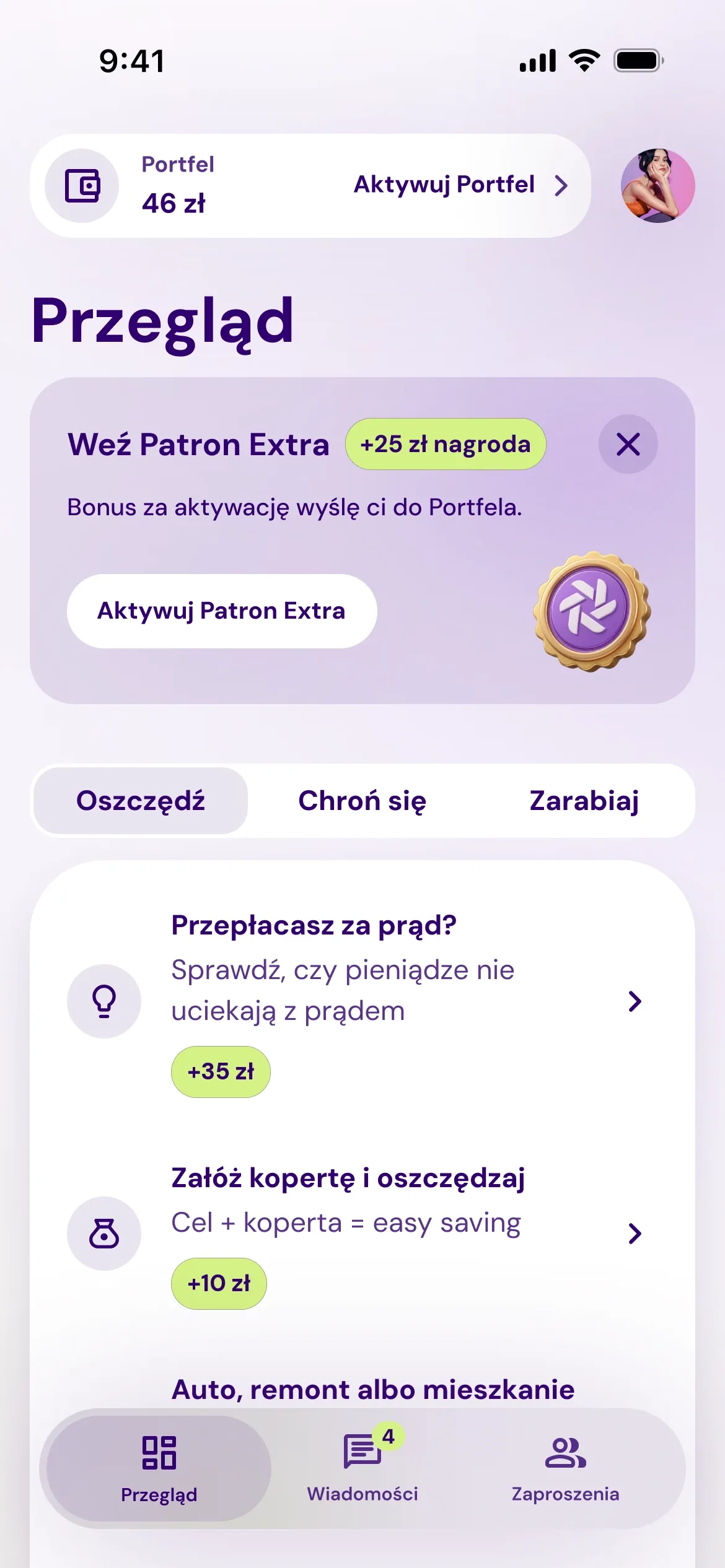 Ekran Przegląd w aplikacji Patron GO - Portfel, aktywacja Patron EXTRA i wyzwania oszczędnościowe