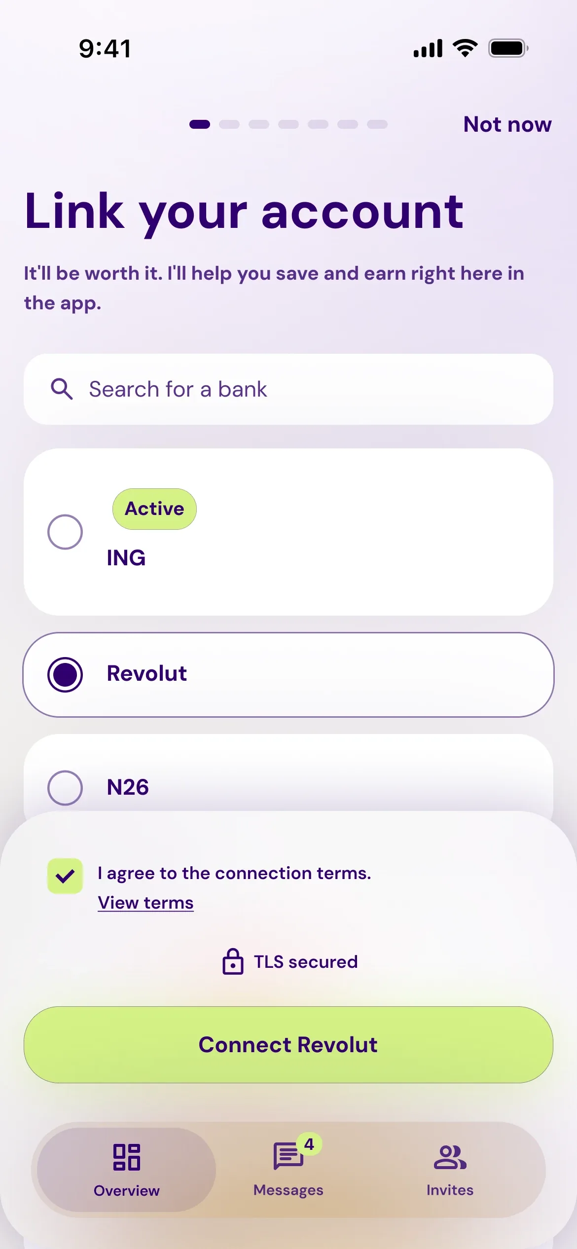 Connect your account screen in the Patron GO app: choosing a bank from the list