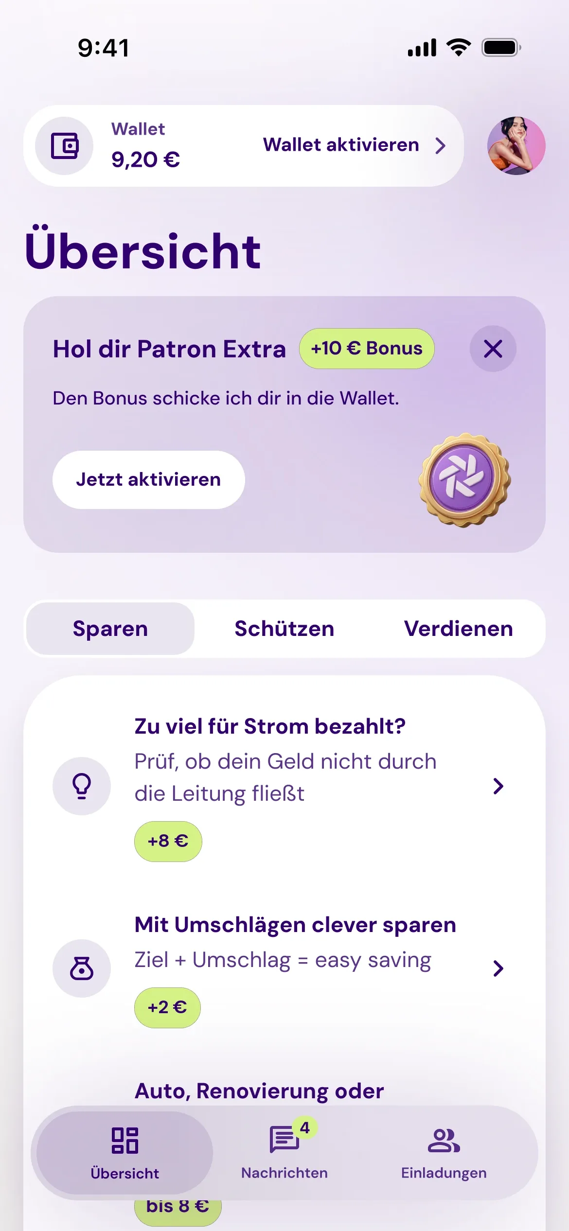 Übersicht-Bildschirm in der Patron GO App - Wallet, Aktivierung von Patron EXTRA und Sparmöglichkeiten