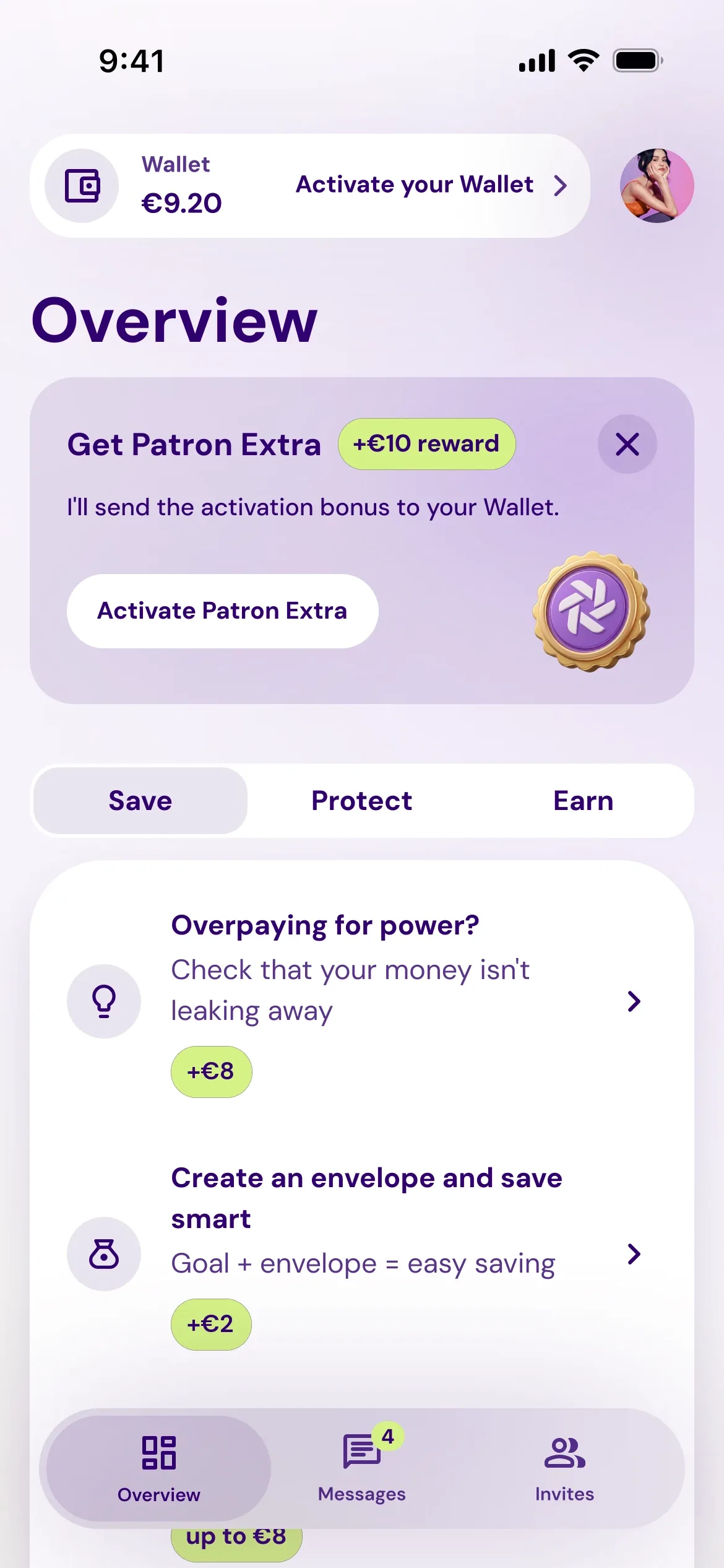 Overview screen in the Patron GO app - Wallet, Patron EXTRA activation and savings quests