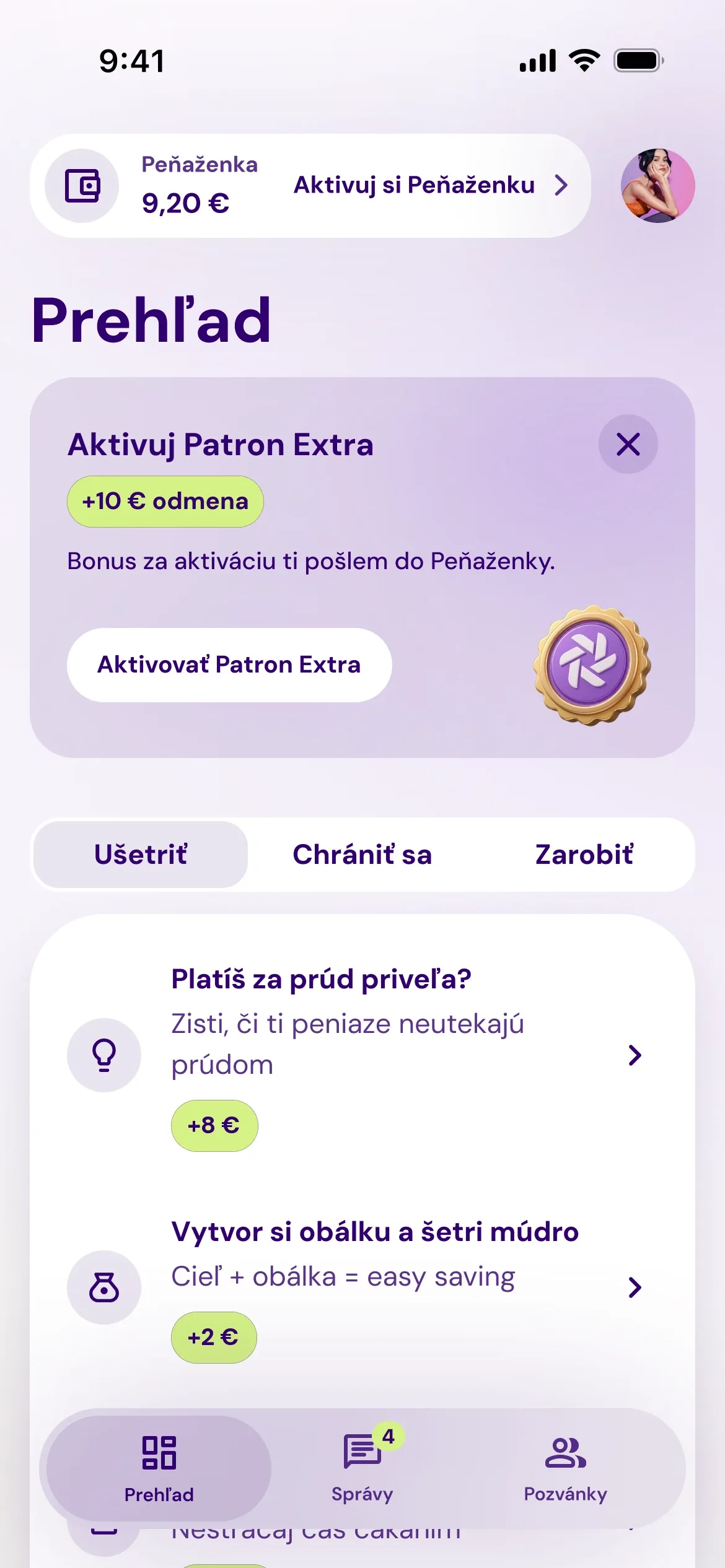 Obrazovka Prehľad v aplikácii Patron GO - Peňaženka, aktivácia Patron EXTRA a výzvy na úsporu