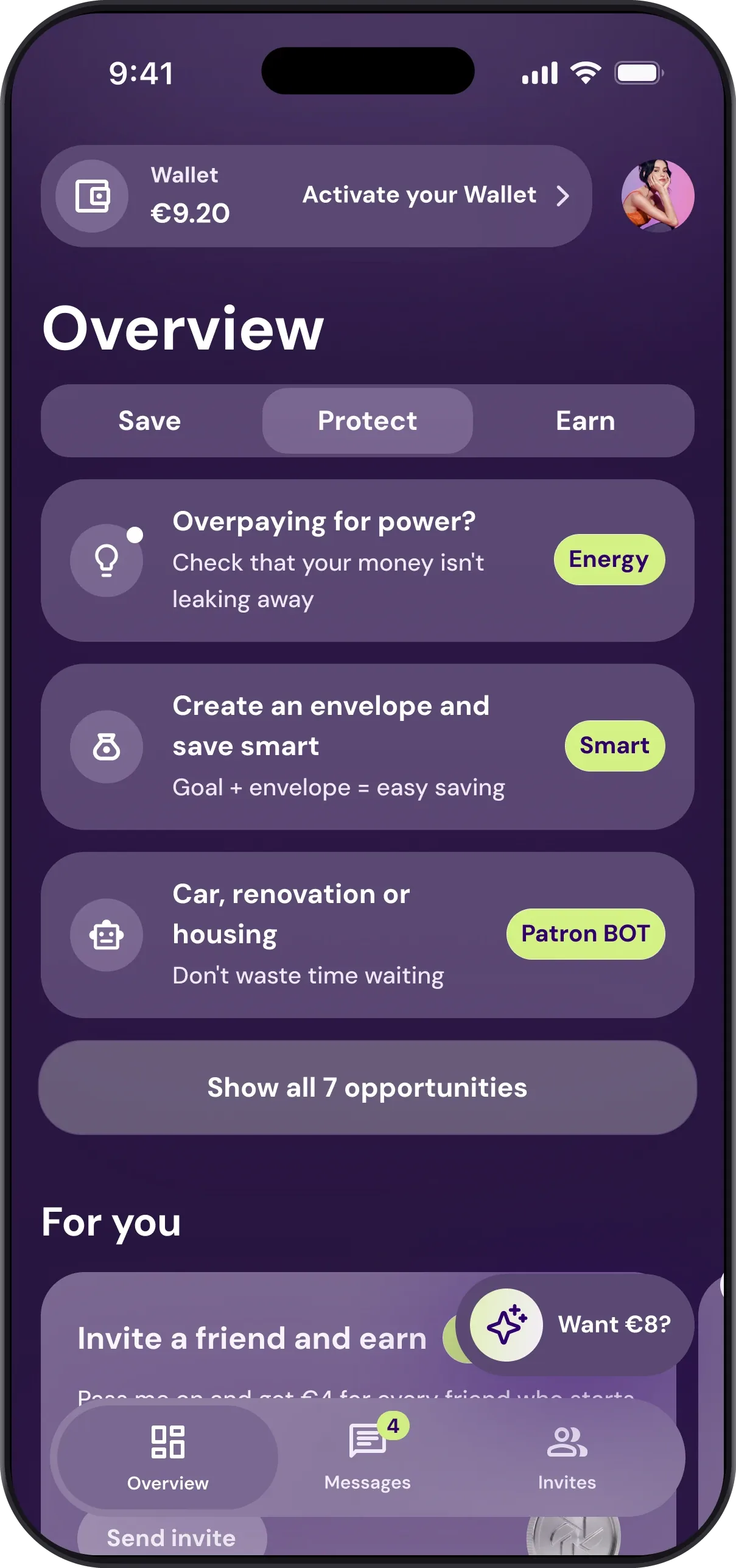 Main screen of the Patron GO app: Wallet, three savings quests found and a link to all seven
