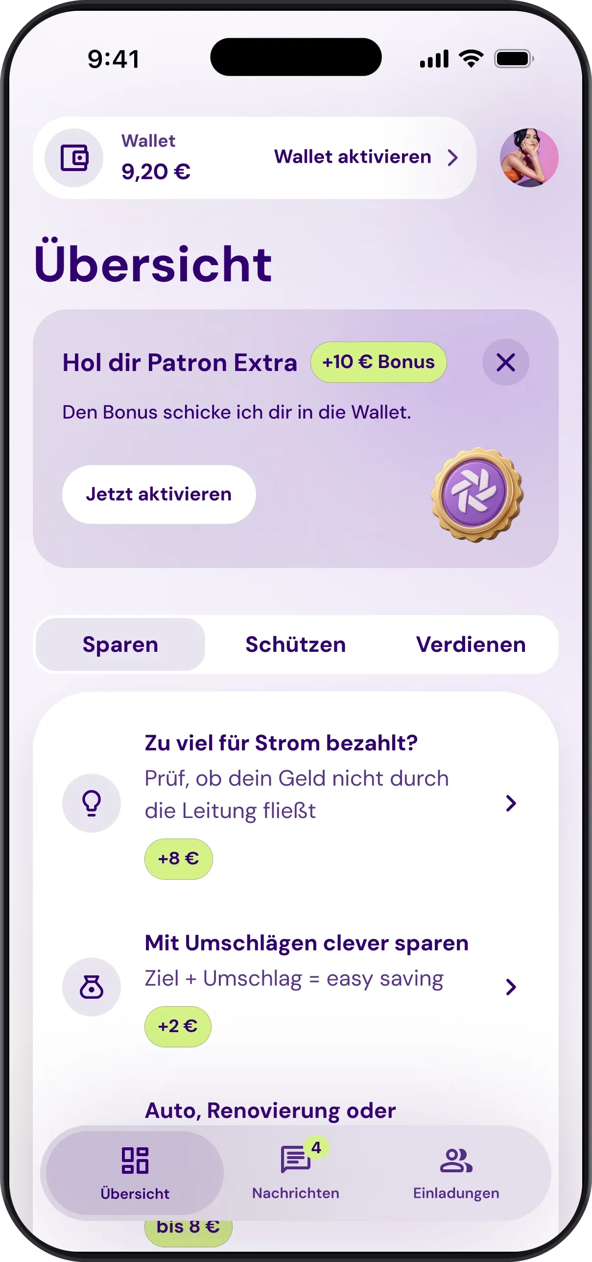 Bildschirm Patron EXTRA mit einer Übersicht der Vorteile
