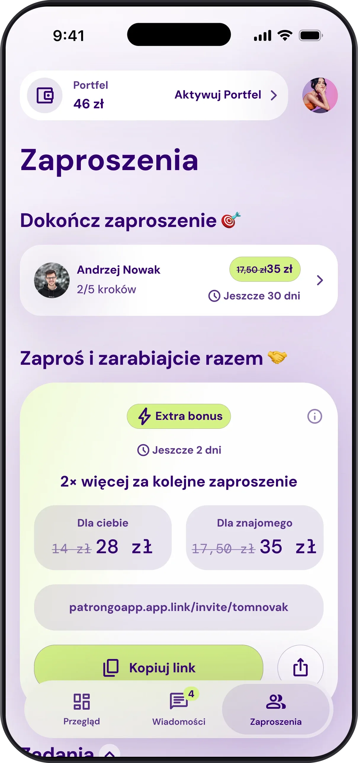 Ekran Zaproszenia w Patron GO: zaproszenia w toku, bonus za kolejne zaproszenie i twój link do skopiowania