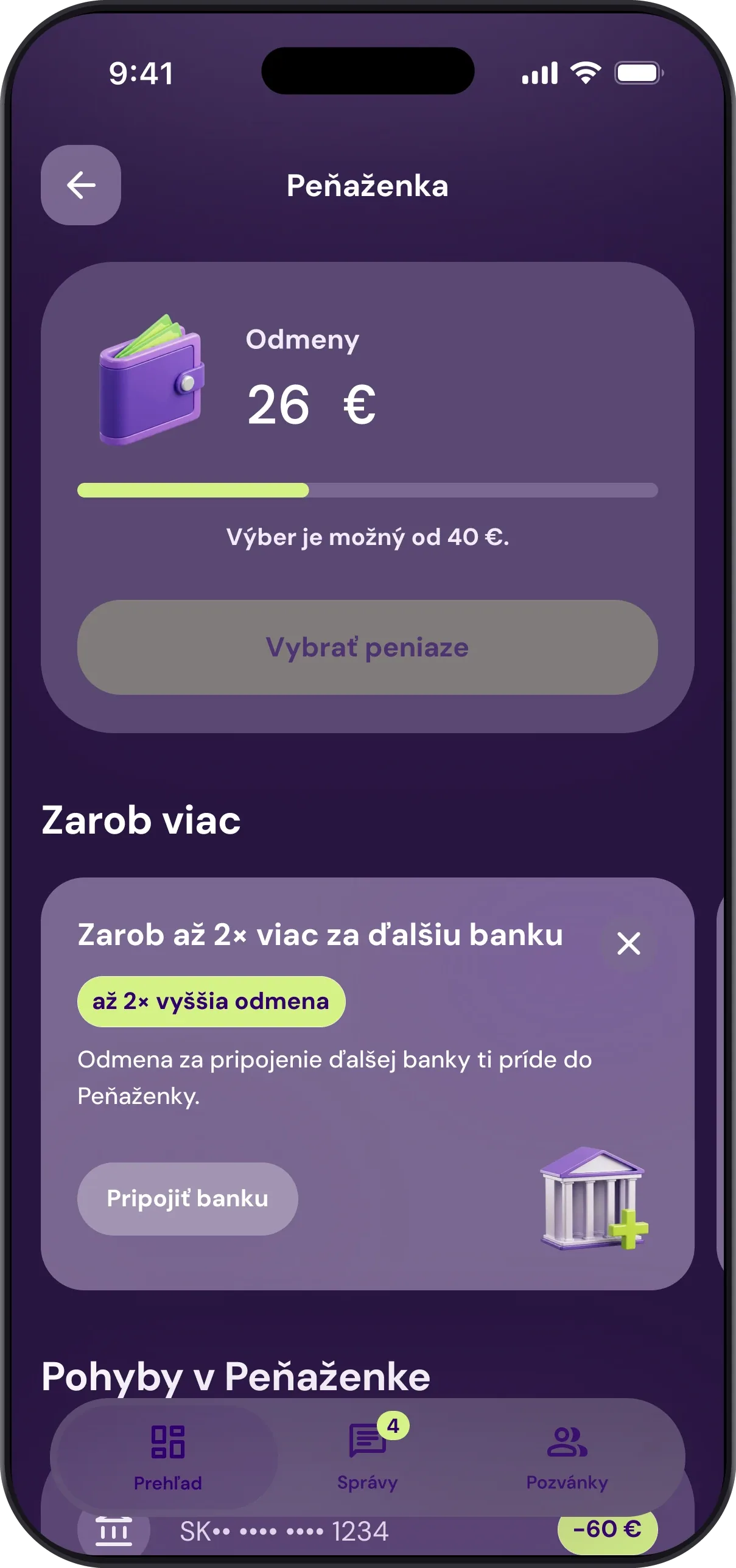 Obrazovka Patron Peňaženka v aplikácii Patron GO: zostatok a pod ním história pripísaných odmien