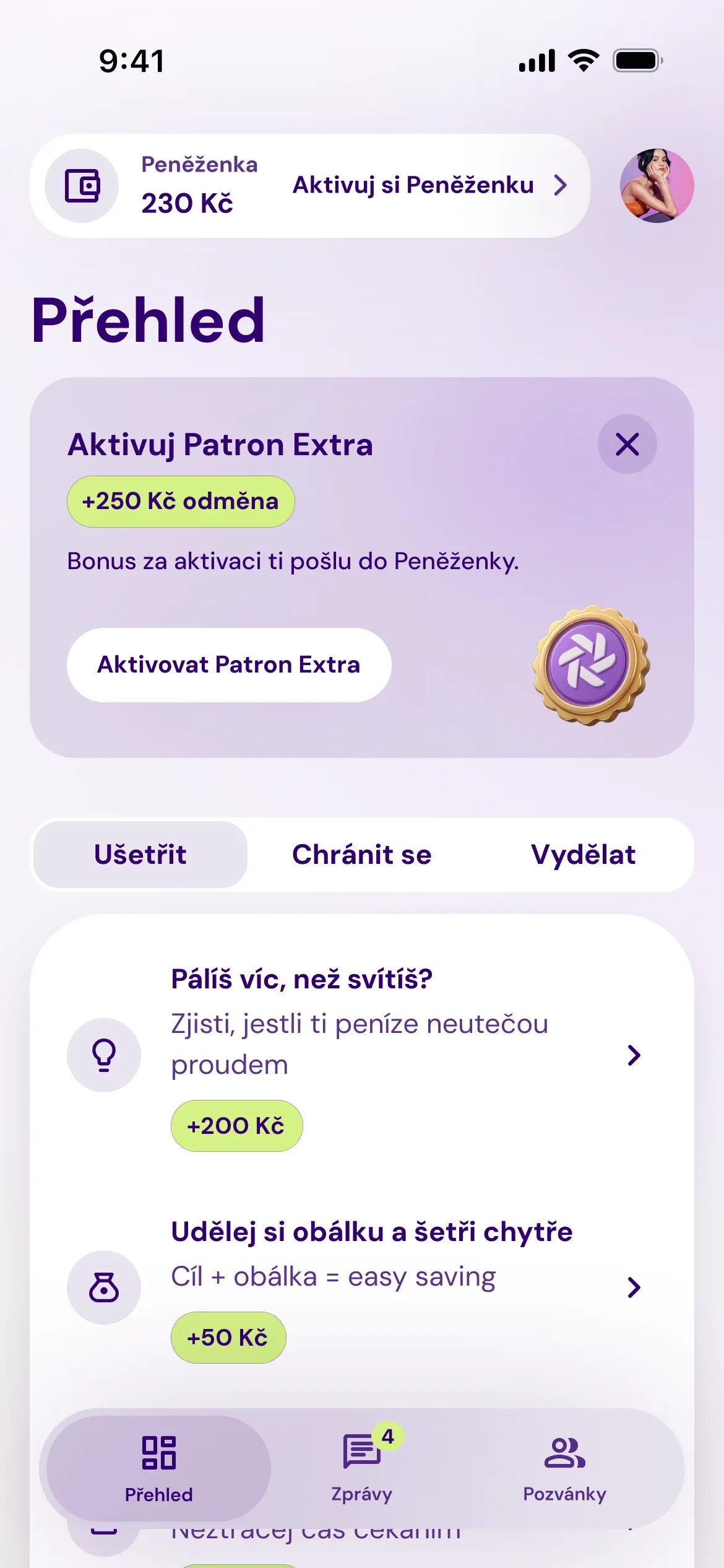 Obrazovka Přehled v aplikaci Patron GO - peněženka, aktivace Patron EXTRA a výzvy k úspoře