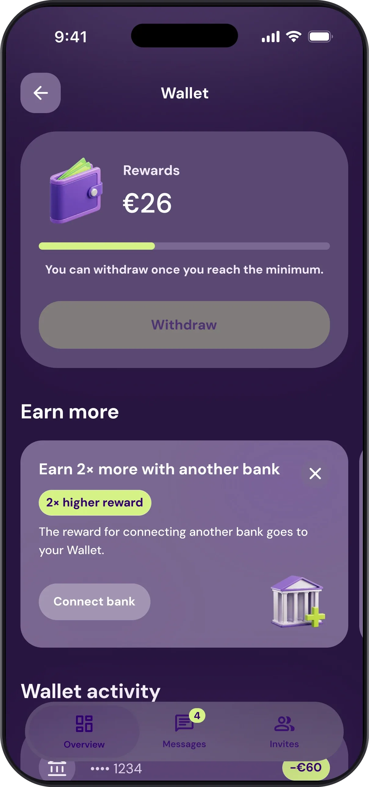 Patron Wallet screen in the Patron GO app: the balance, with the history of credited rewards below it