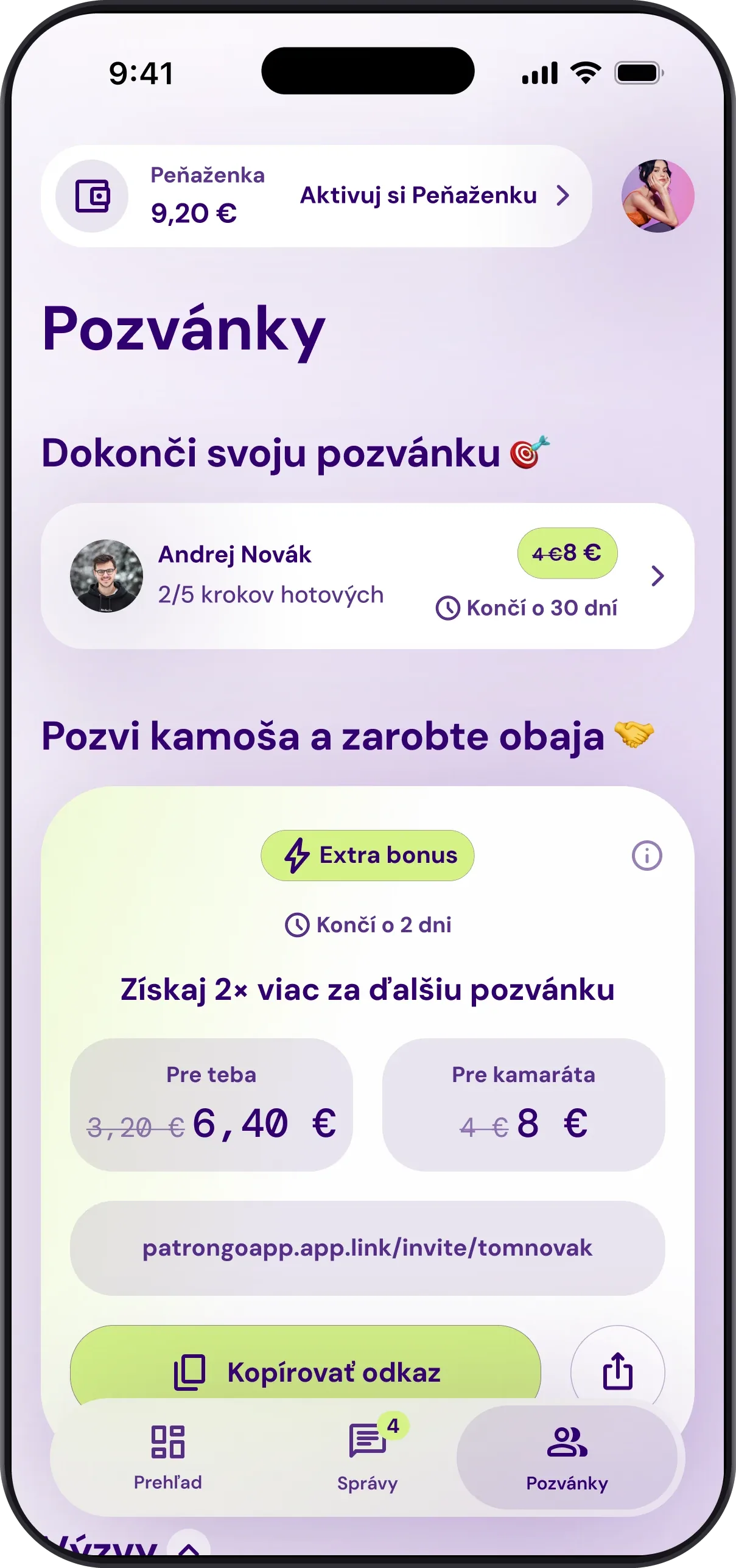 Obrazovka Pozvánky v Patron GO: rozpracované pozvánky, bonus za ďalšiu pozvánku a tvoj odkaz na skopírovanie
