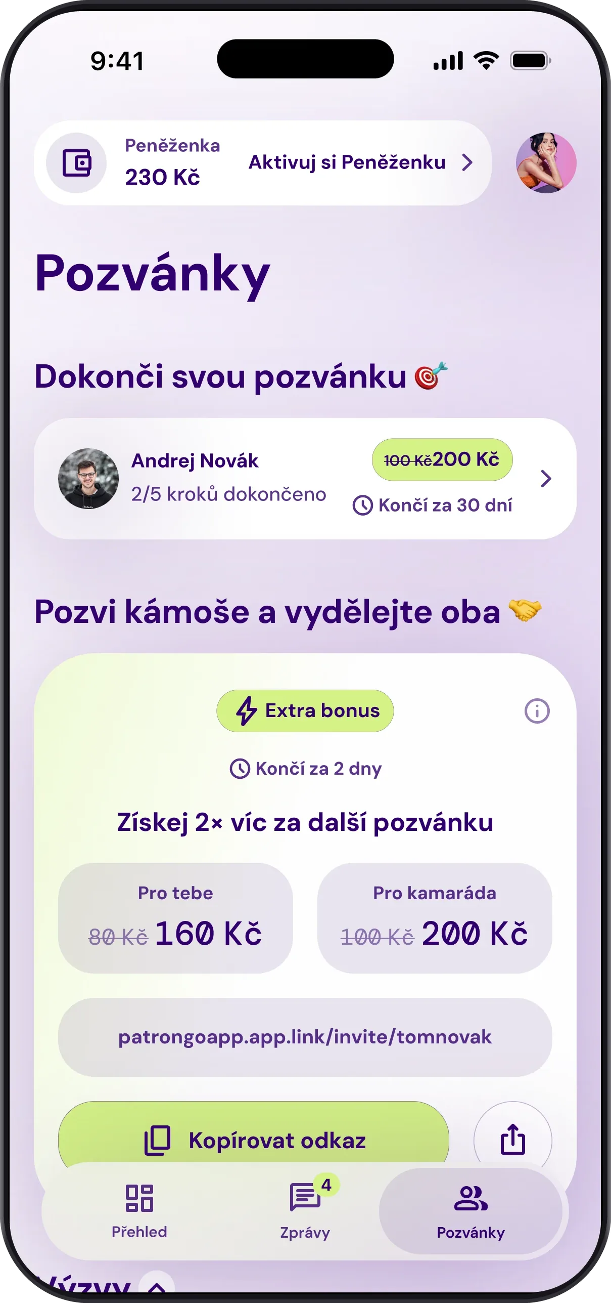 Obrazovka Pozvánky v Patron GO: rozpracované pozvánky, bonus za další pozvánku a tvůj odkaz ke zkopírování