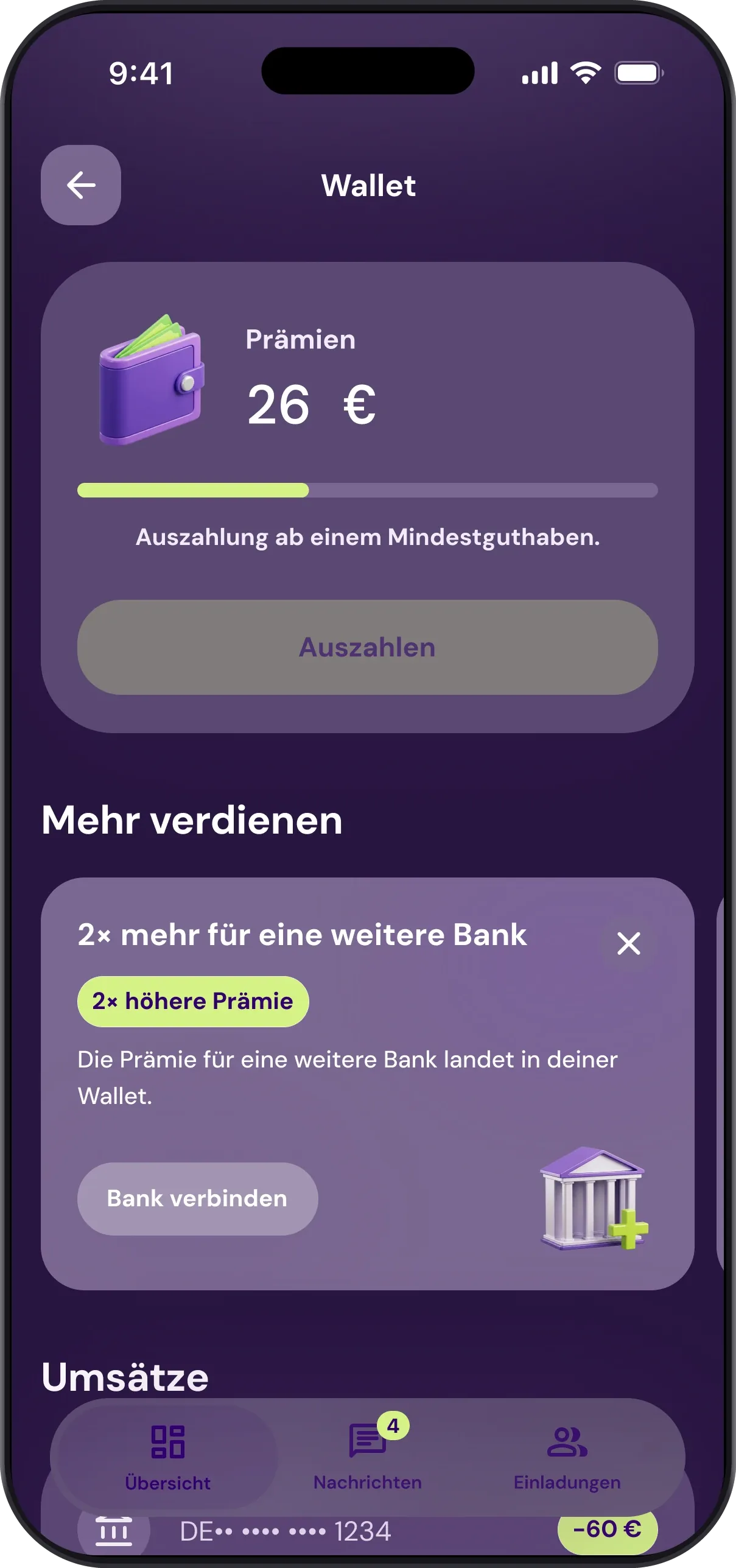 Bildschirm Patron Wallet in der Patron GO App: Guthaben und darunter der Verlauf der gutgeschriebenen Belohnungen
