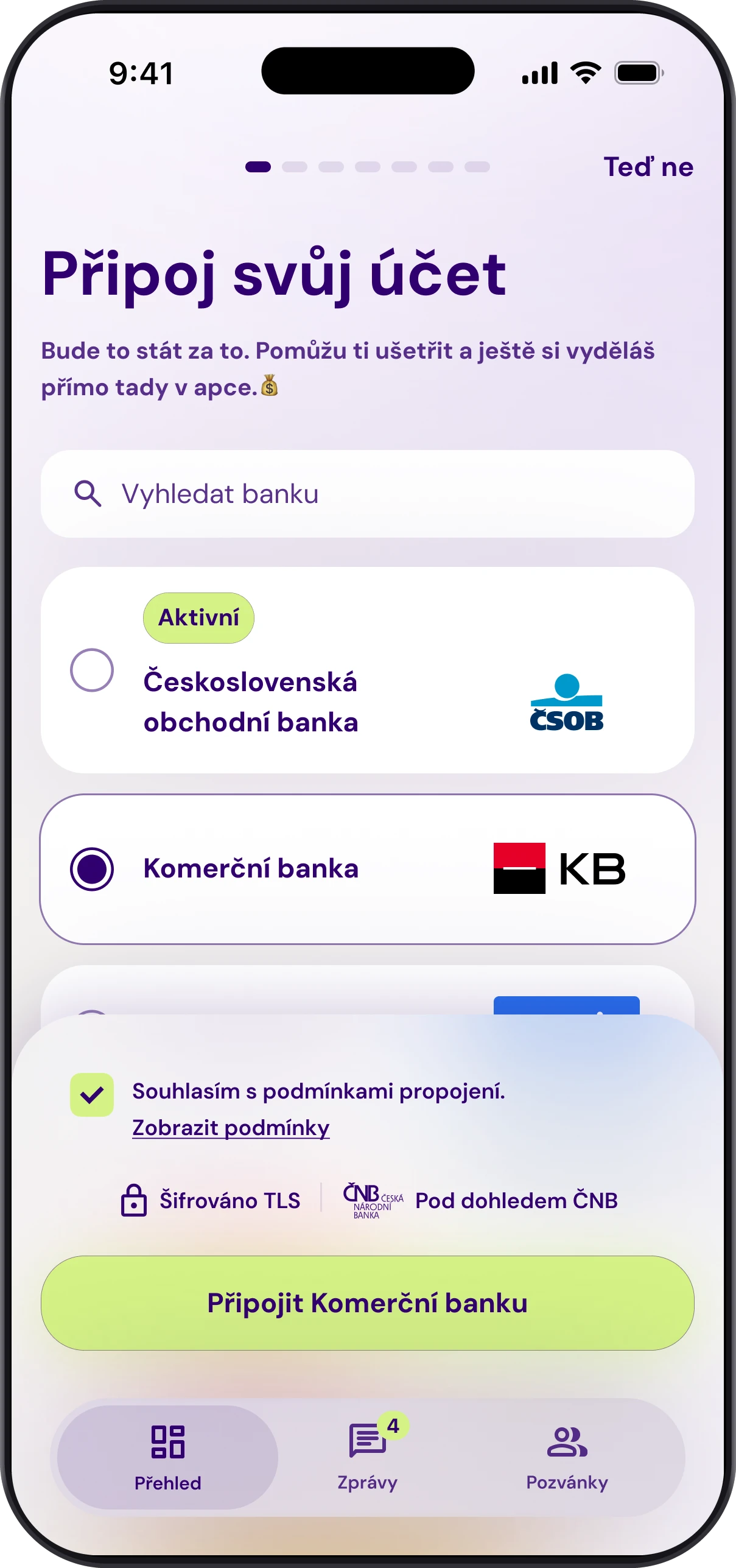 Obrazovka Připoj svůj účet v aplikaci Patron GO: výběr banky a souhlas s propojením