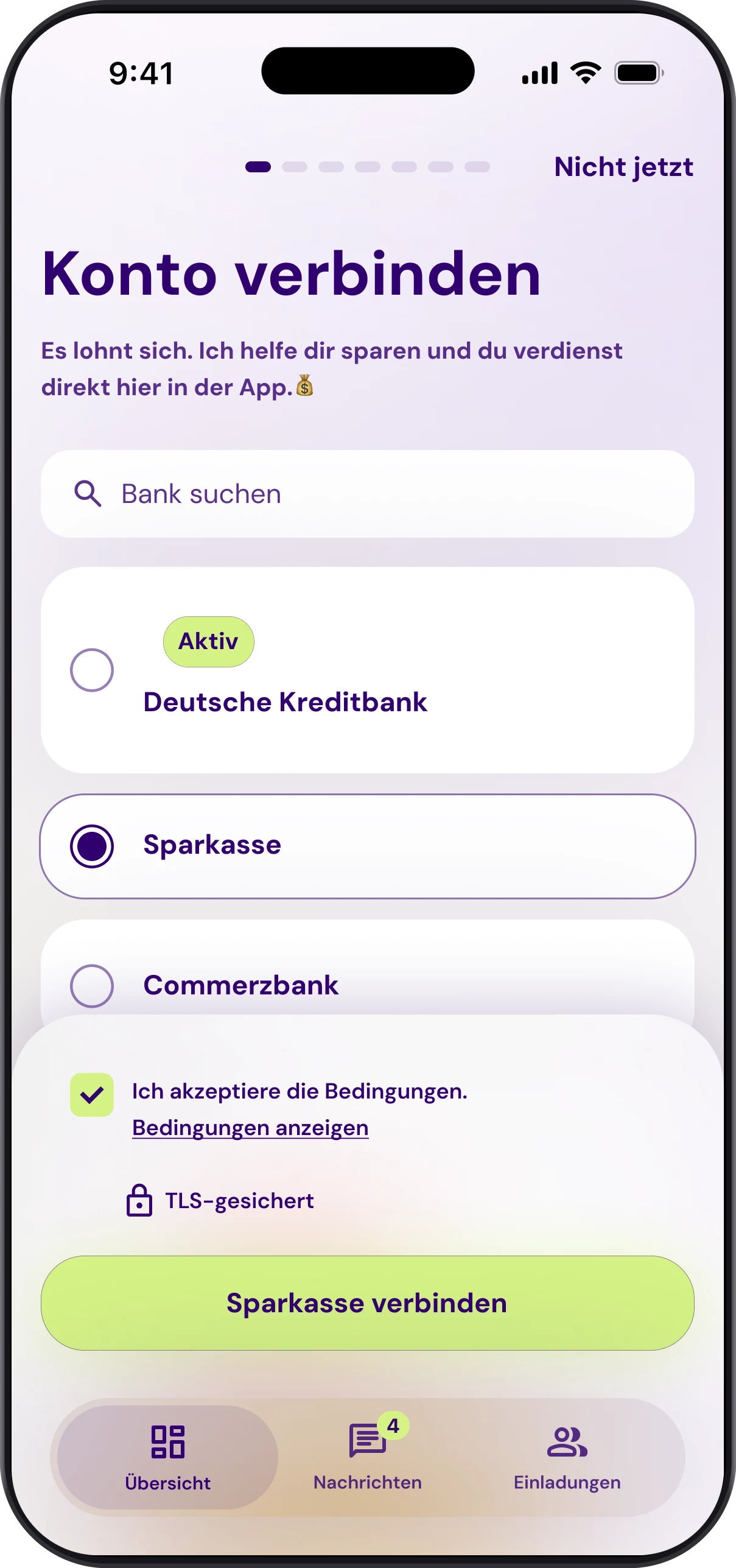 Bildschirm Konto verbinden in der Patron GO App: Bankauswahl und Zustimmung zur Verbindung