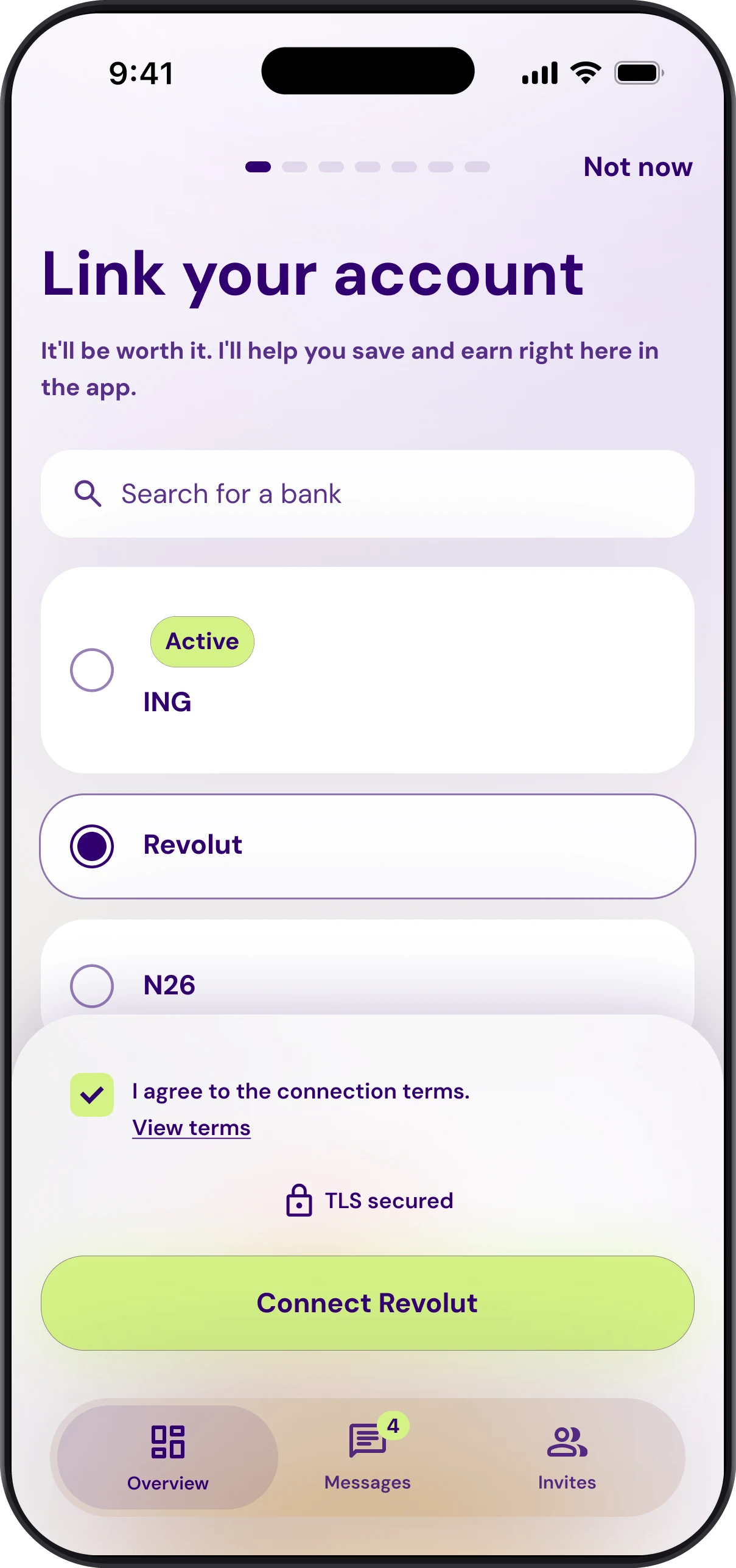 The Link your account screen in the Patron GO app: choosing a bank and agreeing to connect