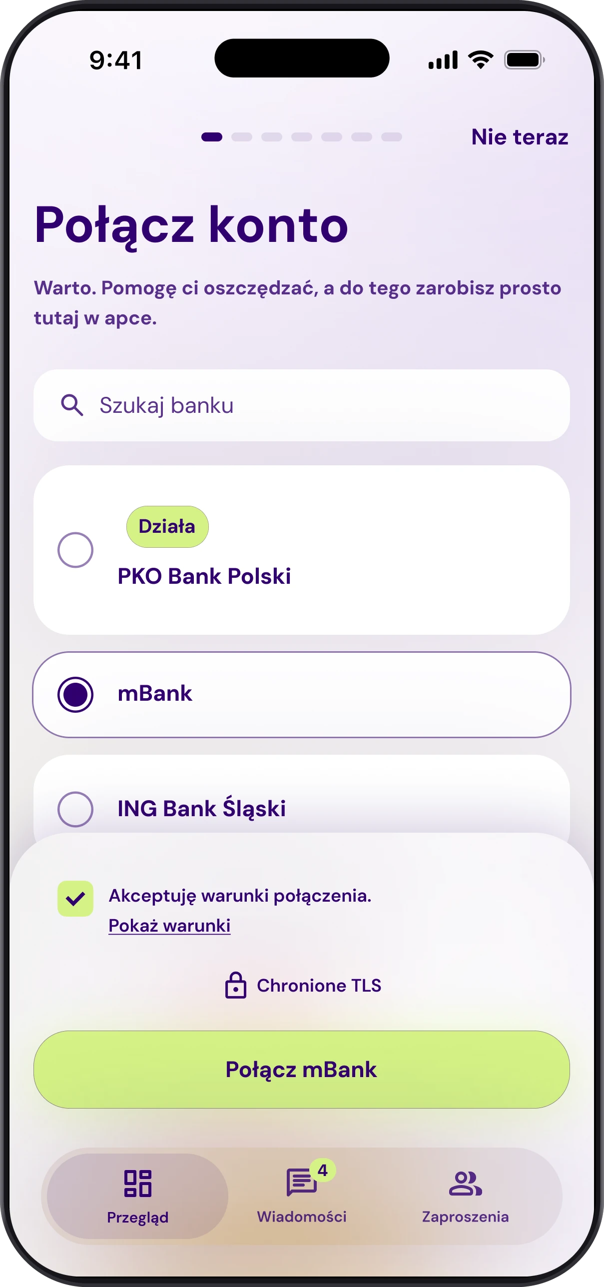 Ekran Połącz konto w aplikacji Patron GO: wybór banku i zgoda na połączenie