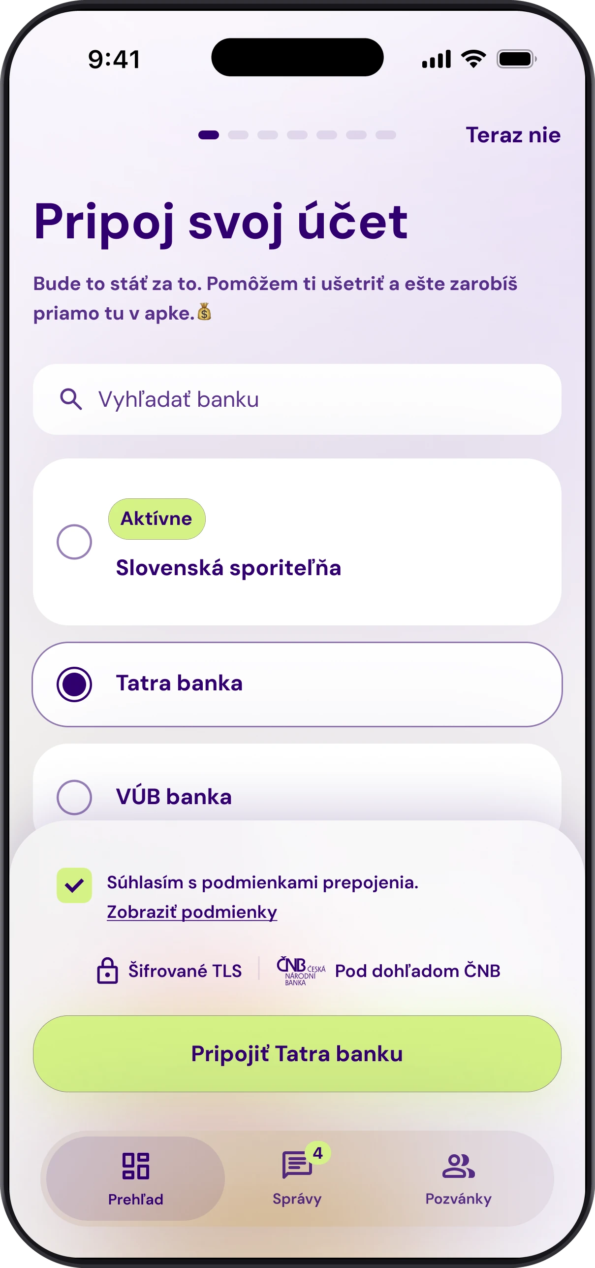 Obrazovka Pripoj svoj účet v aplikácii Patron GO: výber banky a súhlas s prepojením