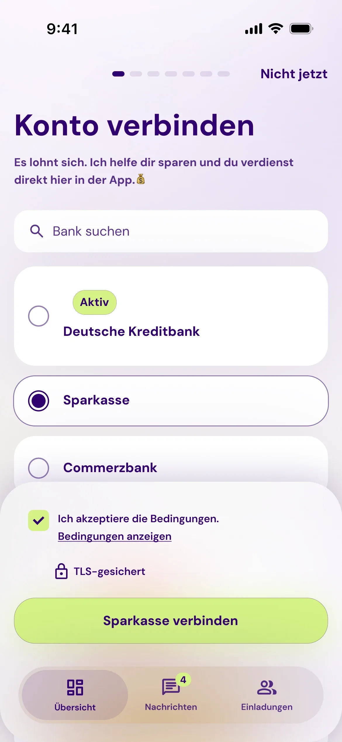 Bildschirm „Verbinde dein Konto“ in der Patron GO App: Auswahl der Bank aus einer Liste