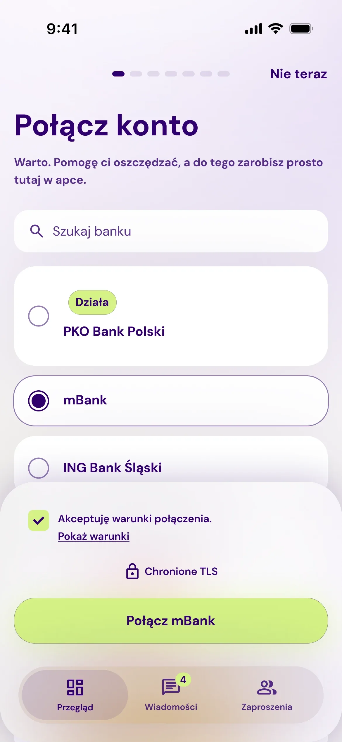 Ekran Połącz swoje konto w aplikacji Patron GO: wybór banku z listy