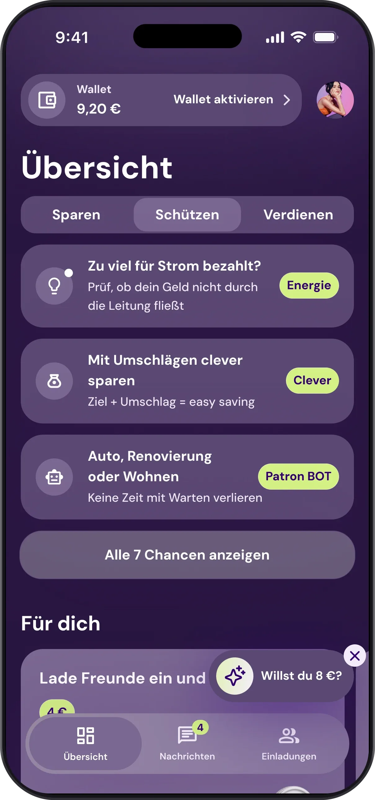 Startbildschirm der Patron GO App: Wallet, drei gefundene Sparmöglichkeiten und ein Link zu allen sieben