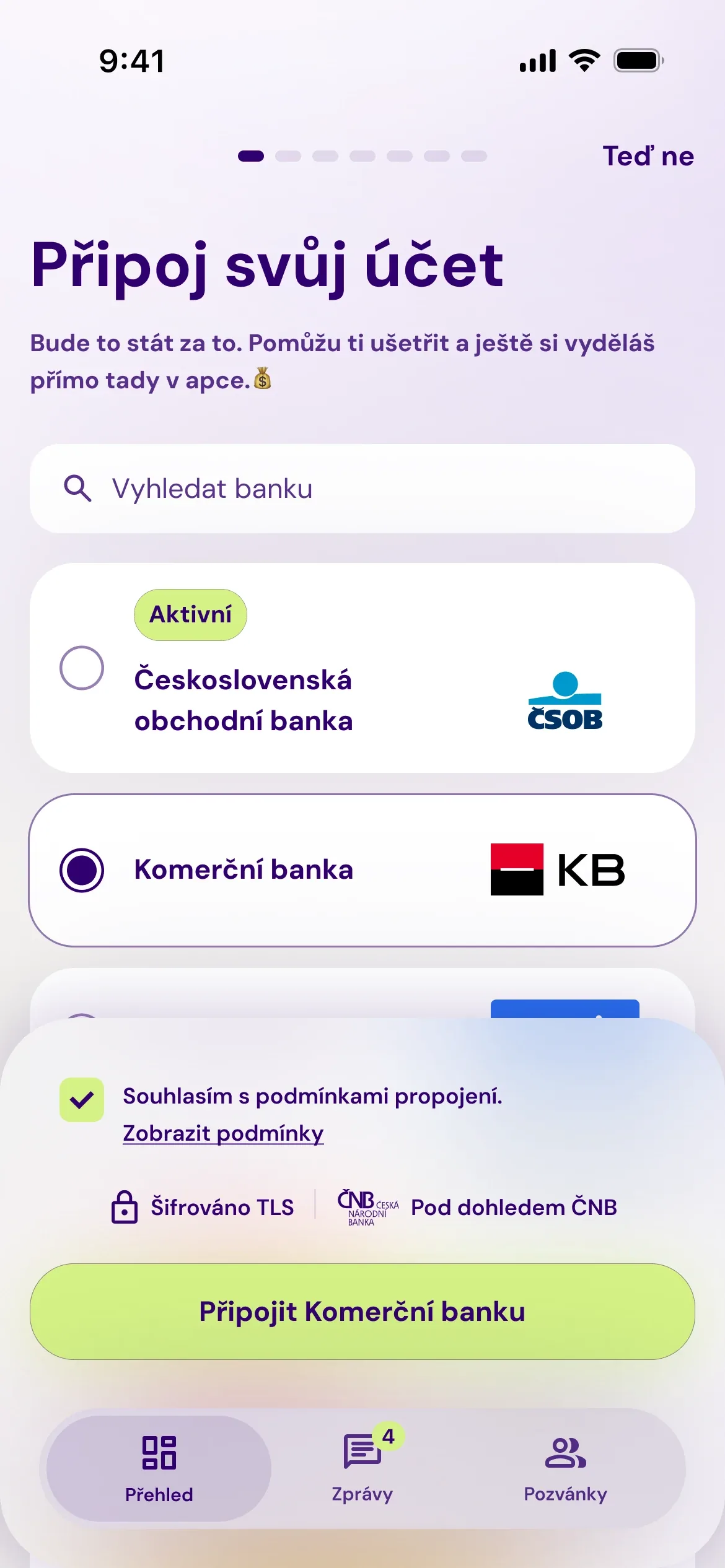 Obrazovka Připoj svůj účet v aplikaci Patron GO: výběr banky ze seznamu