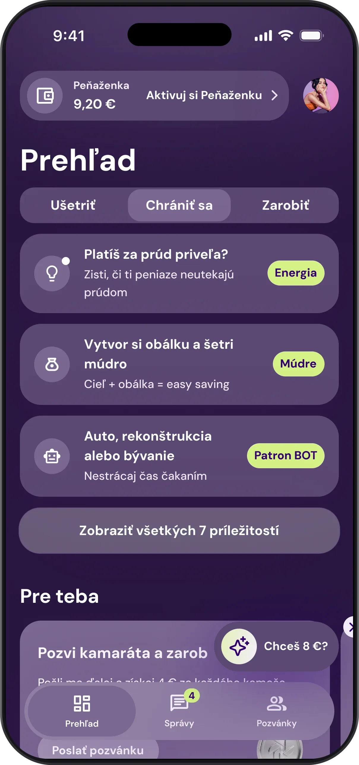 Hlavná obrazovka aplikácie Patron GO: Peňaženka, tri nájdené výzvy na úsporu a odkaz na všetkých sedem