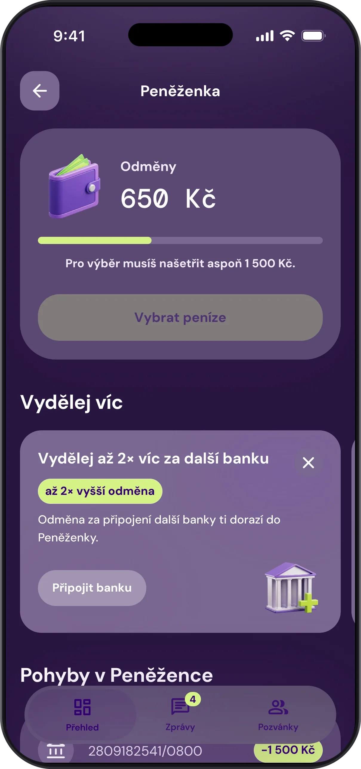 Obrazovka Patron Peněženka v aplikaci Patron GO: zůstatek a pod ním historie připsaných odměn