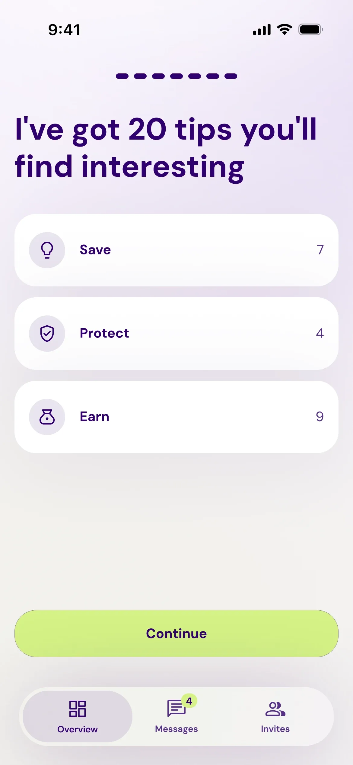 Screen in the Patron GO app: I have 20 tips for you on managing money better, split into Save, Protect and Earn