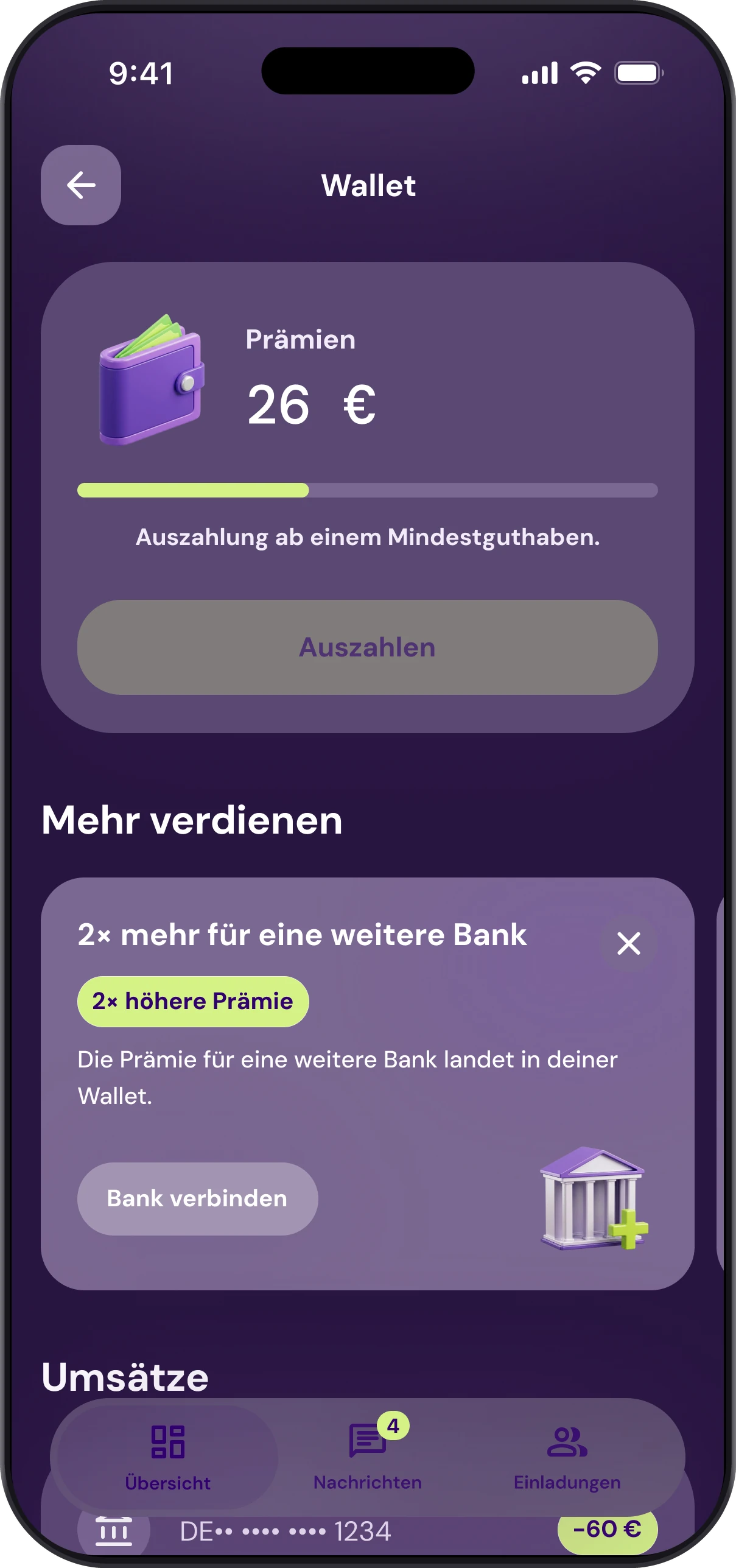 Die Wallet in der Patron GO App mit Belohnungen für erledigte Aufgaben