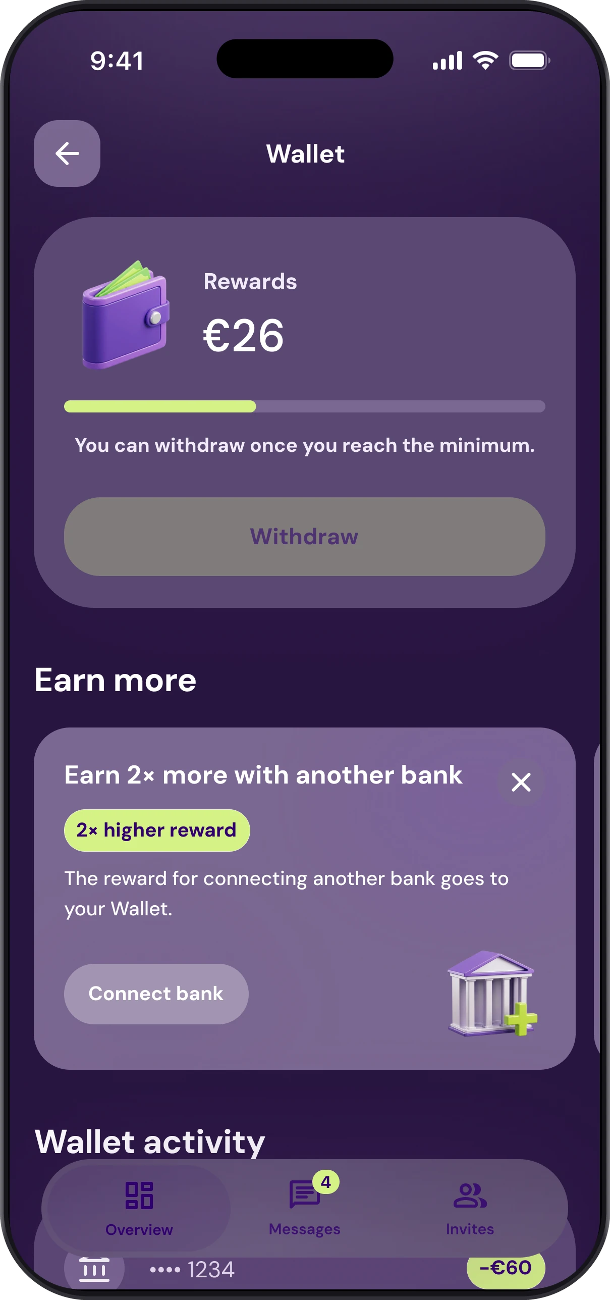 The Wallet screen in the Patron GO app with rewards for completed quests