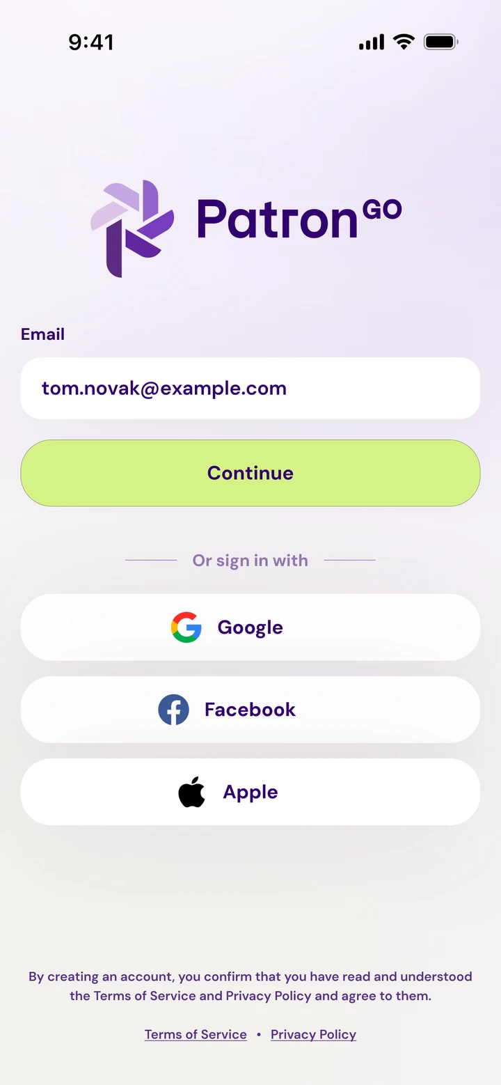 Patron GO app start screen: enter your email and continue, or sign in with Google, Facebook or Apple