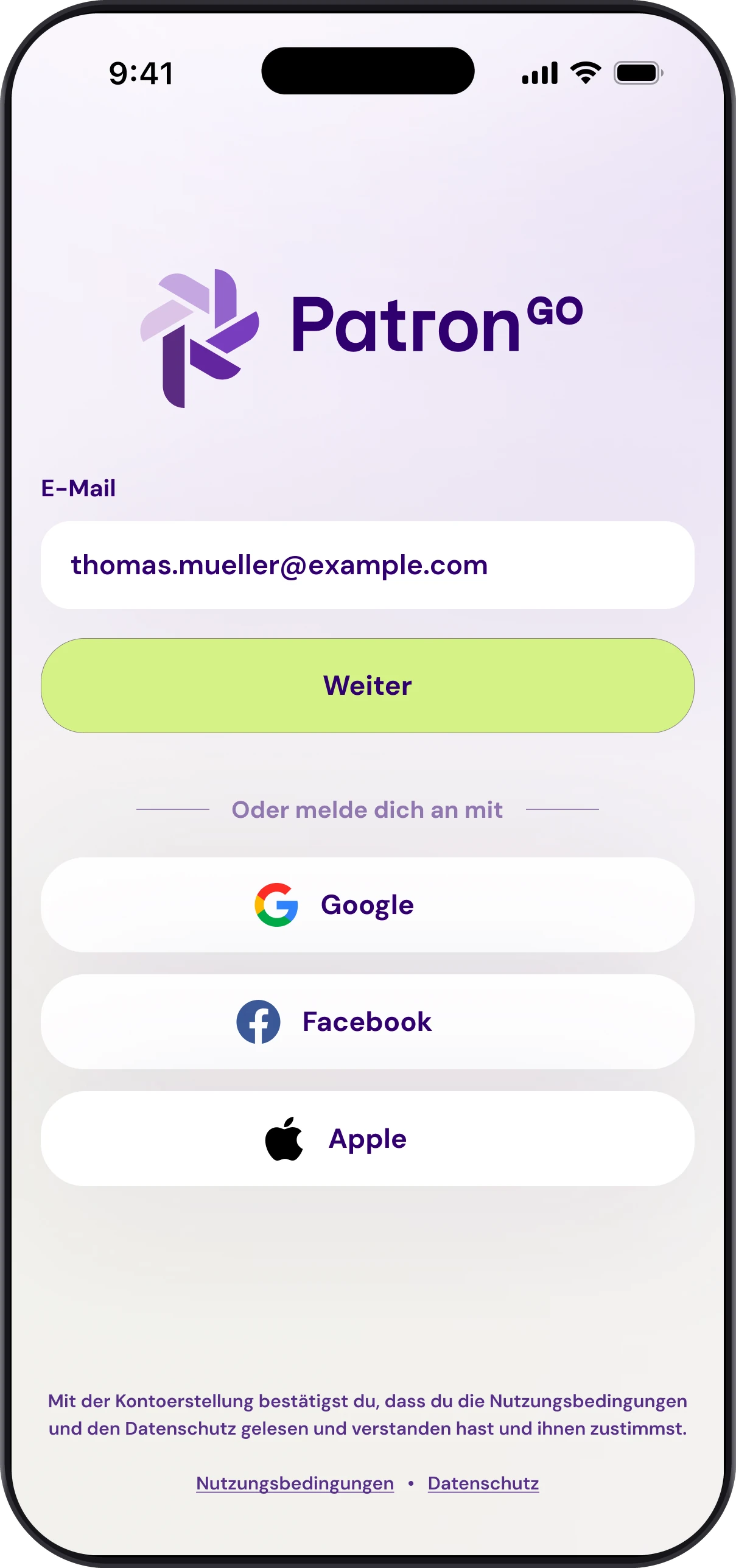 Startbildschirm der Patron GO App: E-Mail eingeben und weiter oder Anmeldung mit Google, Facebook oder Apple