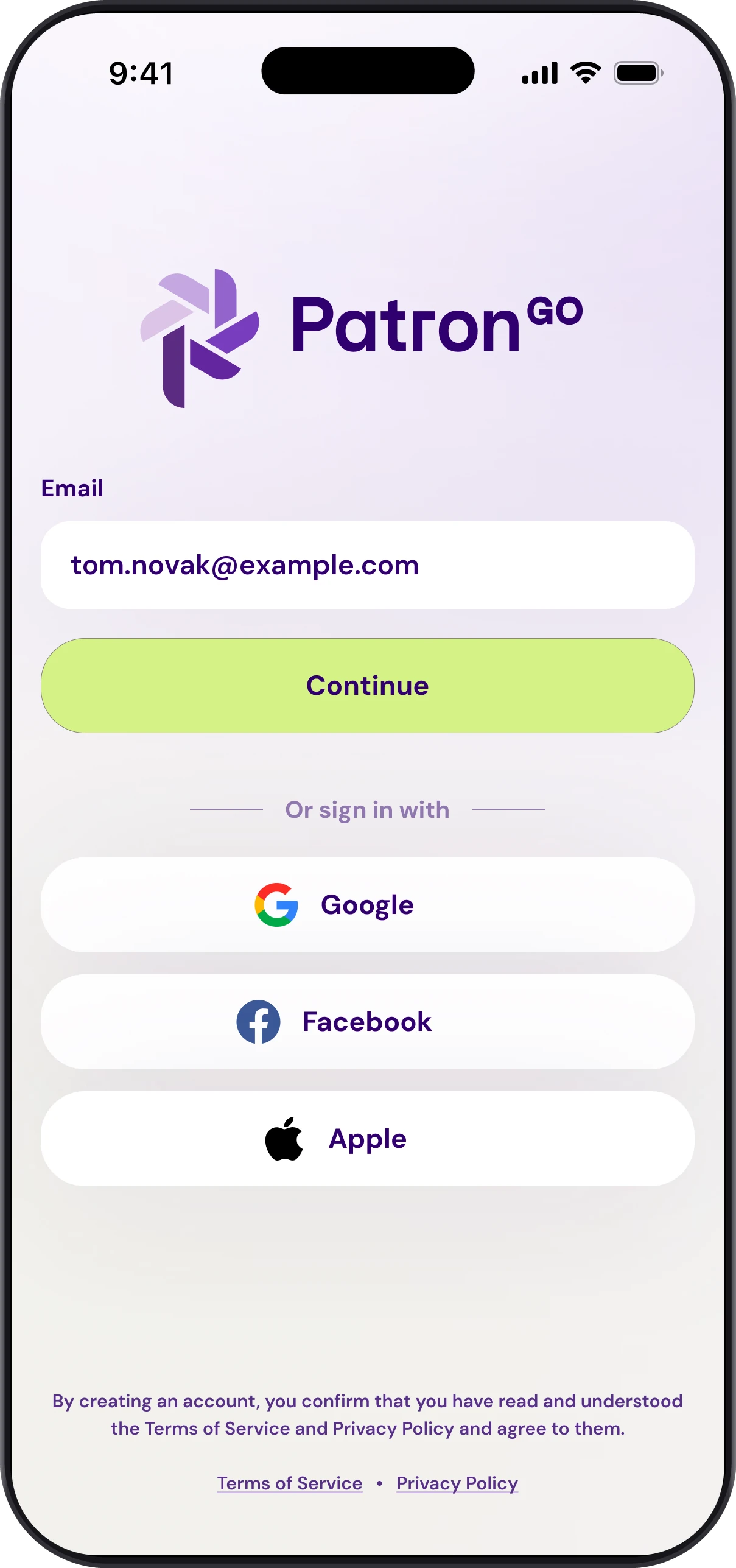 Patron GO app start screen: enter your email and continue, or sign in with Google, Facebook or Apple
