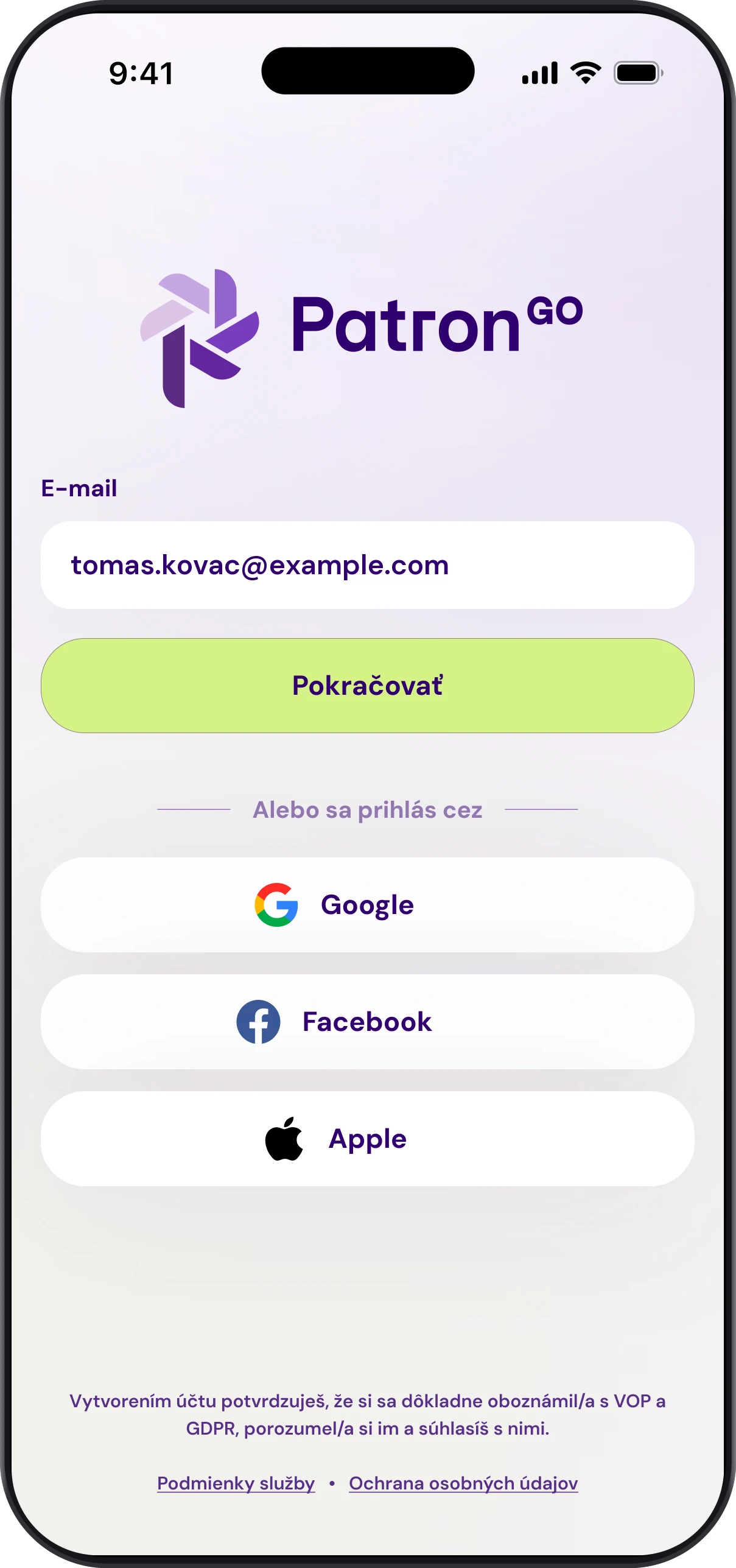 Úvodná obrazovka aplikácie Patron GO: zadanie e-mailu a pokračovanie alebo prihlásenie cez Google, Facebook či Apple